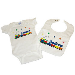 C06130 - New Baby "All Aboard Baby Train" Onesie and Bib Gift Set